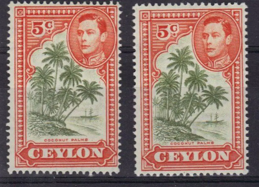 Ceylon 1943 5c KGVI Palms with "Apostrophe" flaw & ... Image 1++
