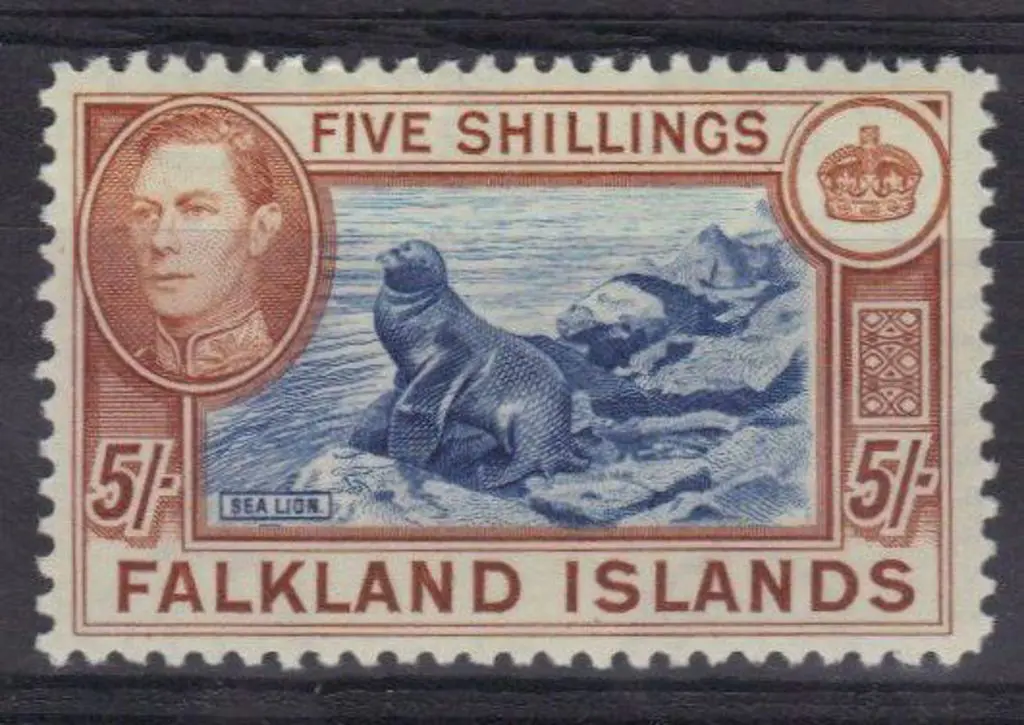 Falkland Islands 1938 5/- blue & chestnut Sea ... Image 1++