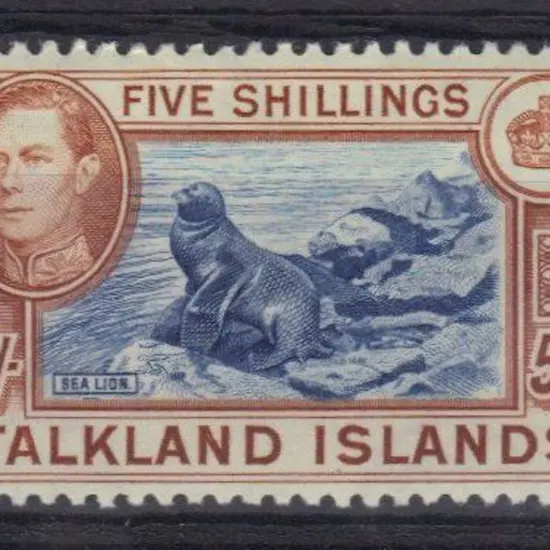 Falkland Islands 1938 5/- blue & chestnut Sea ...