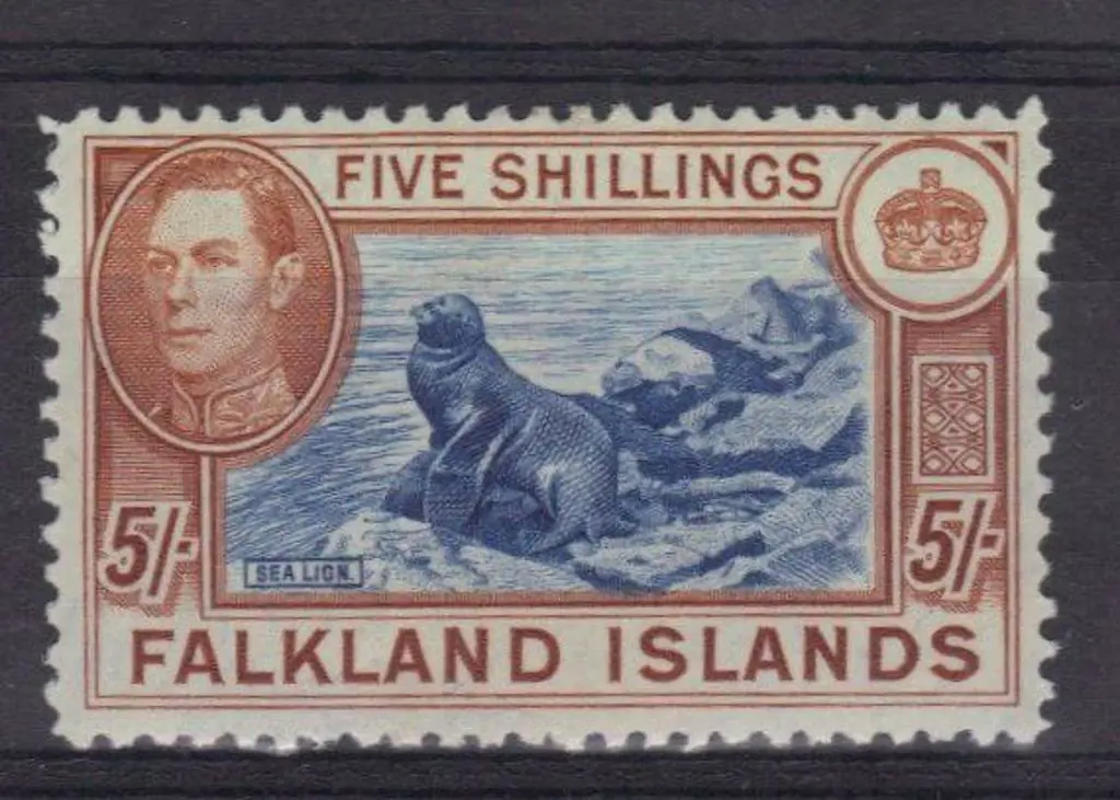 Falkland Islands 1938 5/- blue & chestnut Sea ... Image 1++