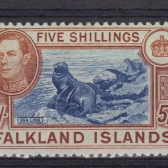 Falkland Islands 1938 5/- blue & chestnut Sea ...