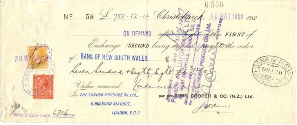 New Zealand 1929 (30th May) Bank of NSW cheque ... Image 1++