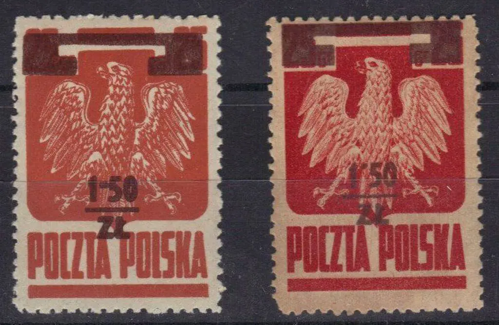 Poland 1945 1zt50 on 25gr MLH in both carmine & ... Image 1++