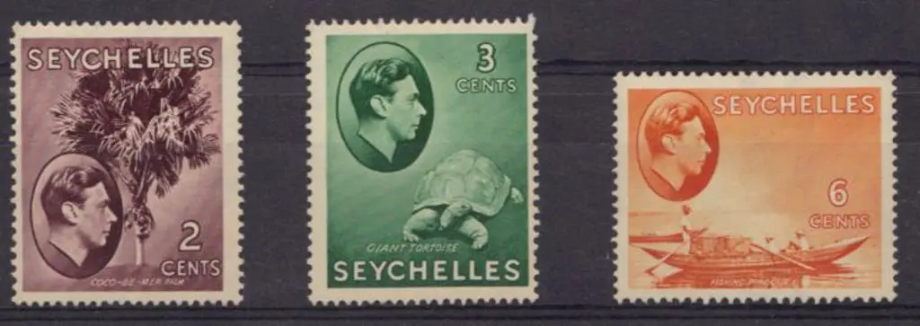 Seychelles 1938 2c purple-brown, 3c green & 6c ... Image 1++