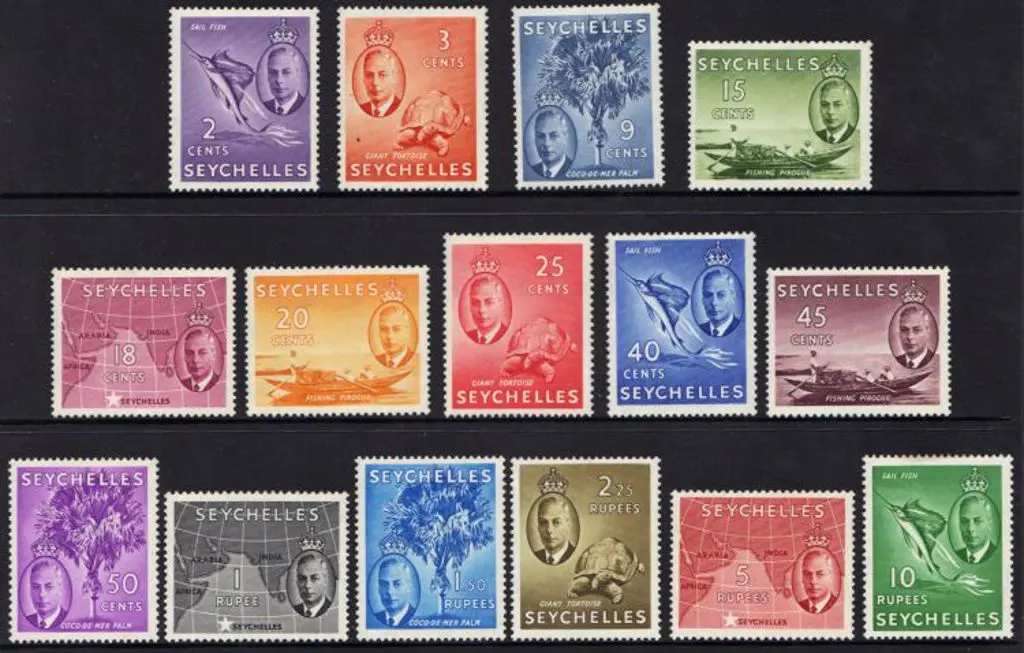 Seychelles 1952 KGVI definitives set of 15 to 10r. ... Image 1++