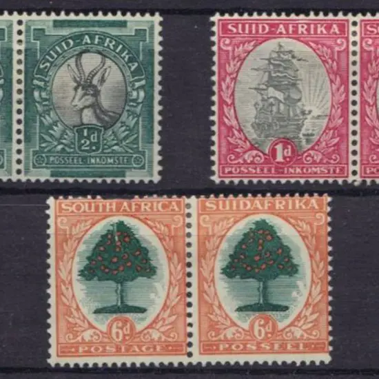 South Africa 1926 ½d to 6d bi-lingual pairs MLH. ...