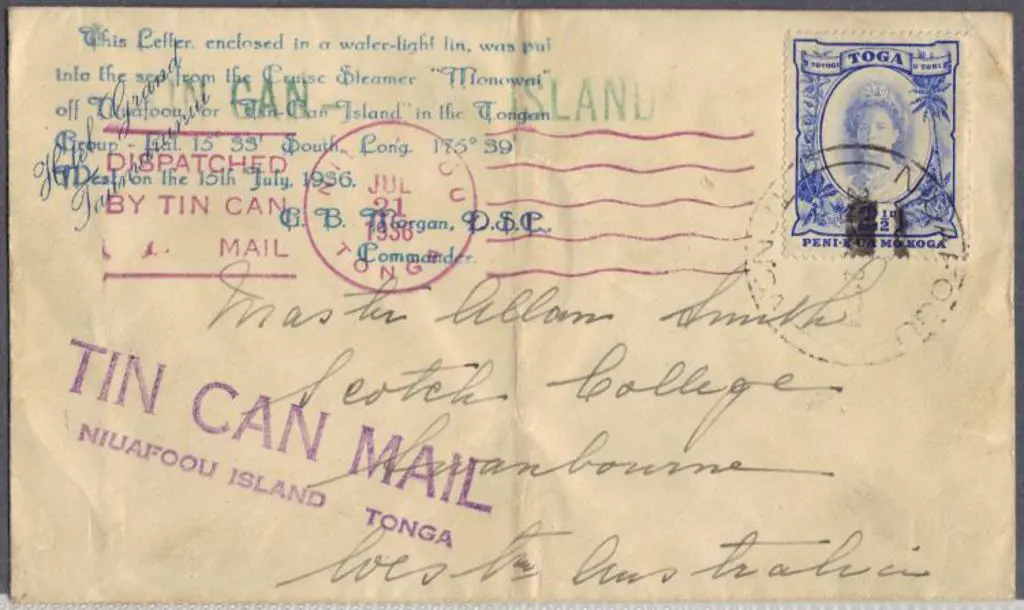 Tonga 1936 (21st July) Tin Can Mail ex Steamer ... Image 1++