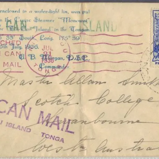 Tonga 1936 (21st July) Tin Can Mail ex Steamer ...
