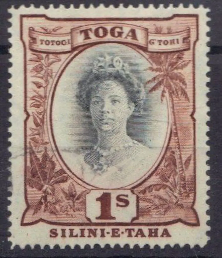Tonga 1942 1/-Queen Salote with retouched small ... Image 1++