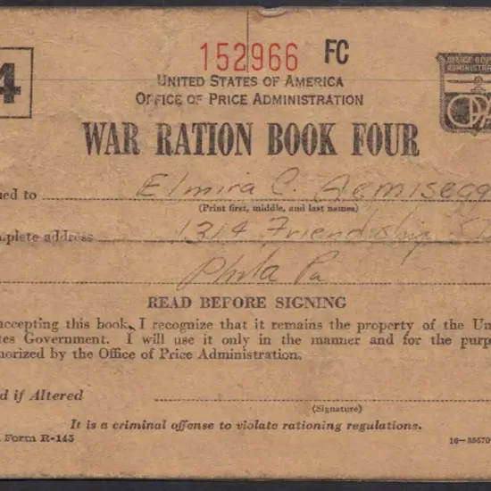 USA War Ration Book Four with partial contents & ...