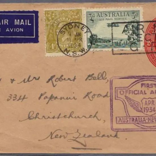 1934 (April) Aust to New Zealand on 2d KGV postal ...