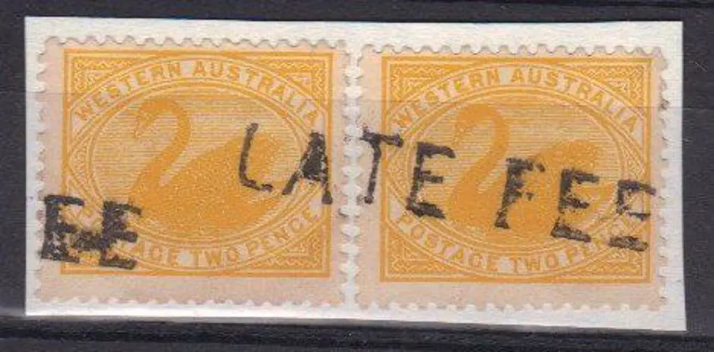 Late Fee hand stamp on pair 2d yellow swans ... Image 1++