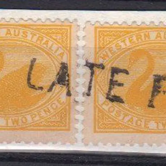 Late Fee hand stamp on pair 2d yellow swans ...