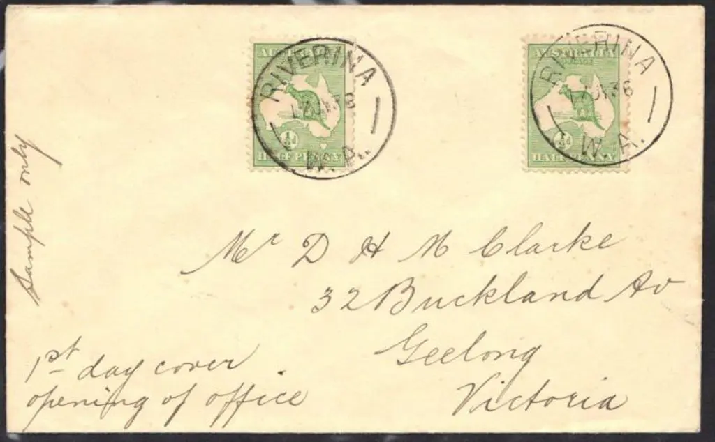 Riverina 1936 (17th July) ½d green kangaroos x 2 ... Image 1++