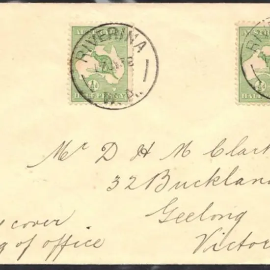 Riverina 1936 (17th July) ½d green kangaroos x 2 ...
