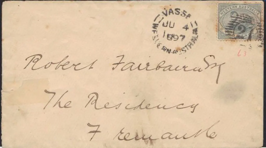 Vasse 1897 (4th June) Vasse to Fremantle cover ... Image 1++