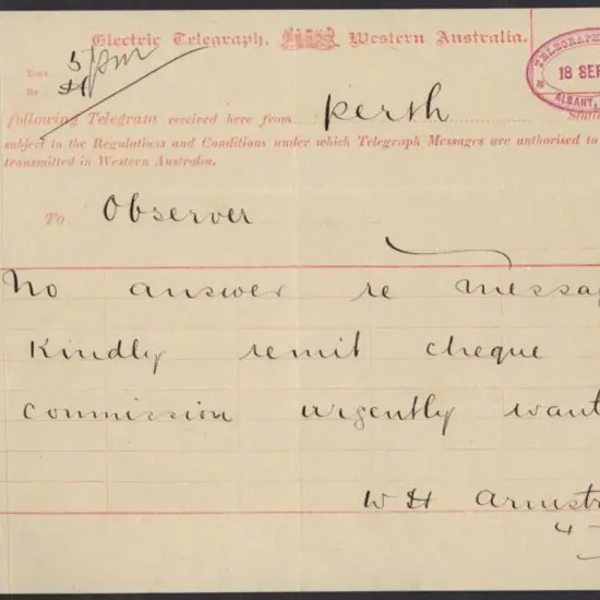 1890 Telegram with "TELEGRAPH OFFICE ALBANY, ...