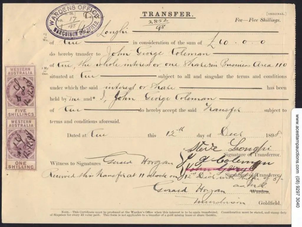 1898 Goldfields mining claim transfer document ... Image 1++