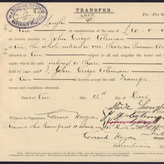 1898 Goldfields mining claim transfer document ...