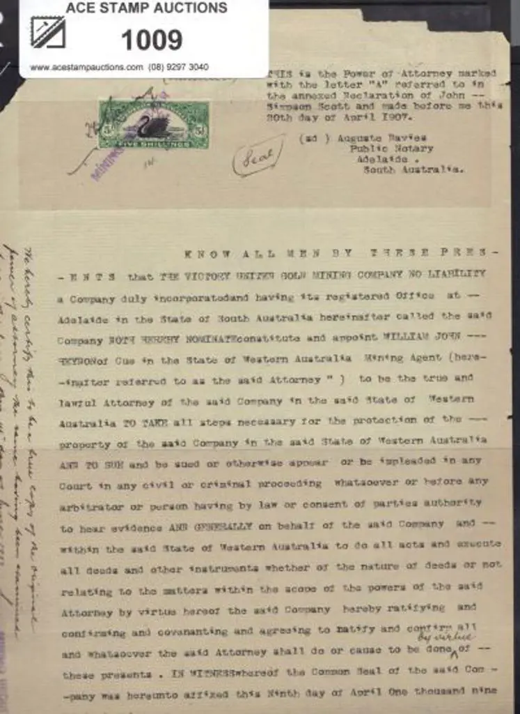 1907 Mining Company document with 5/- black & ... Image 1++