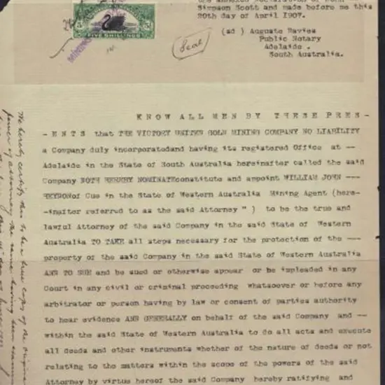 1907 Mining Company document with 5/- black & ...