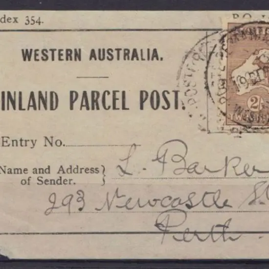 1922 (8th Dec) Inland Parcel Post WA Index 354 PO ...