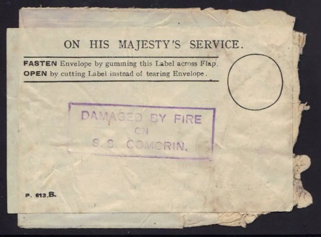 1930 SS Comorin Fire. Cover addressed to London ... Image 1++