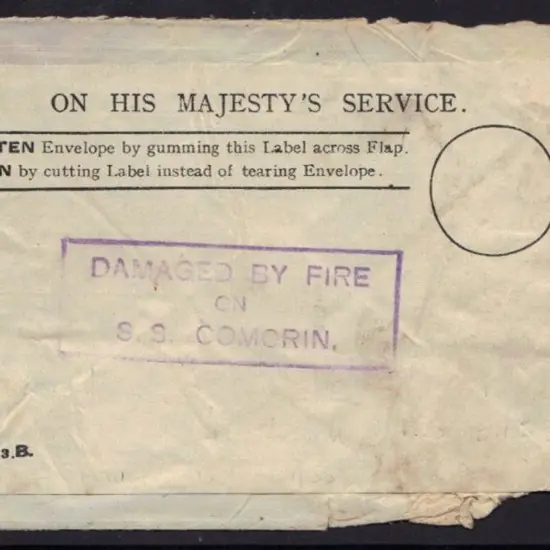 1930 SS Comorin Fire. Cover addressed to London ...
