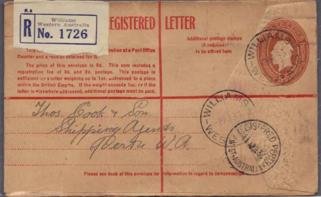 1933 (8th April) 5d KGV embossed registered letter ... Image 1++