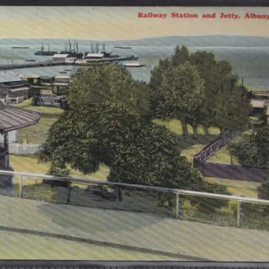 Postcard hand coloured "Railway Station & Jetty, ...