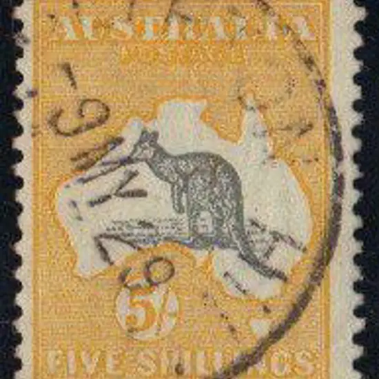 1915-28 3rd wmk 5/- grey & yellow centred slightly ...