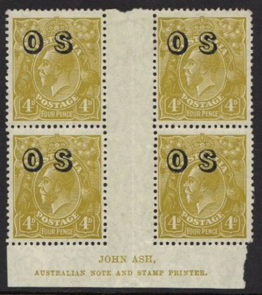 1932 4d yellow olive KGV ovptd "OS". Ash imprint ... Image 1++