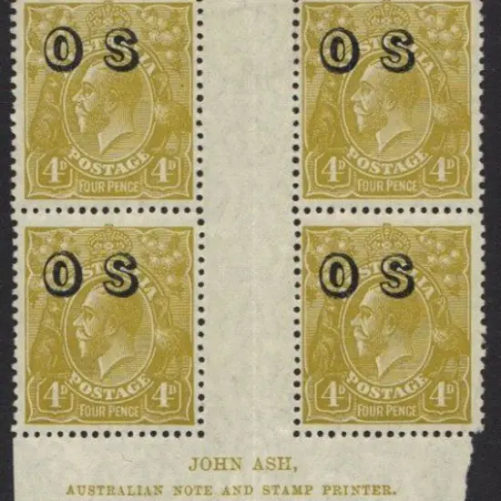 1932 4d yellow olive KGV ovptd "OS". Ash imprint ...