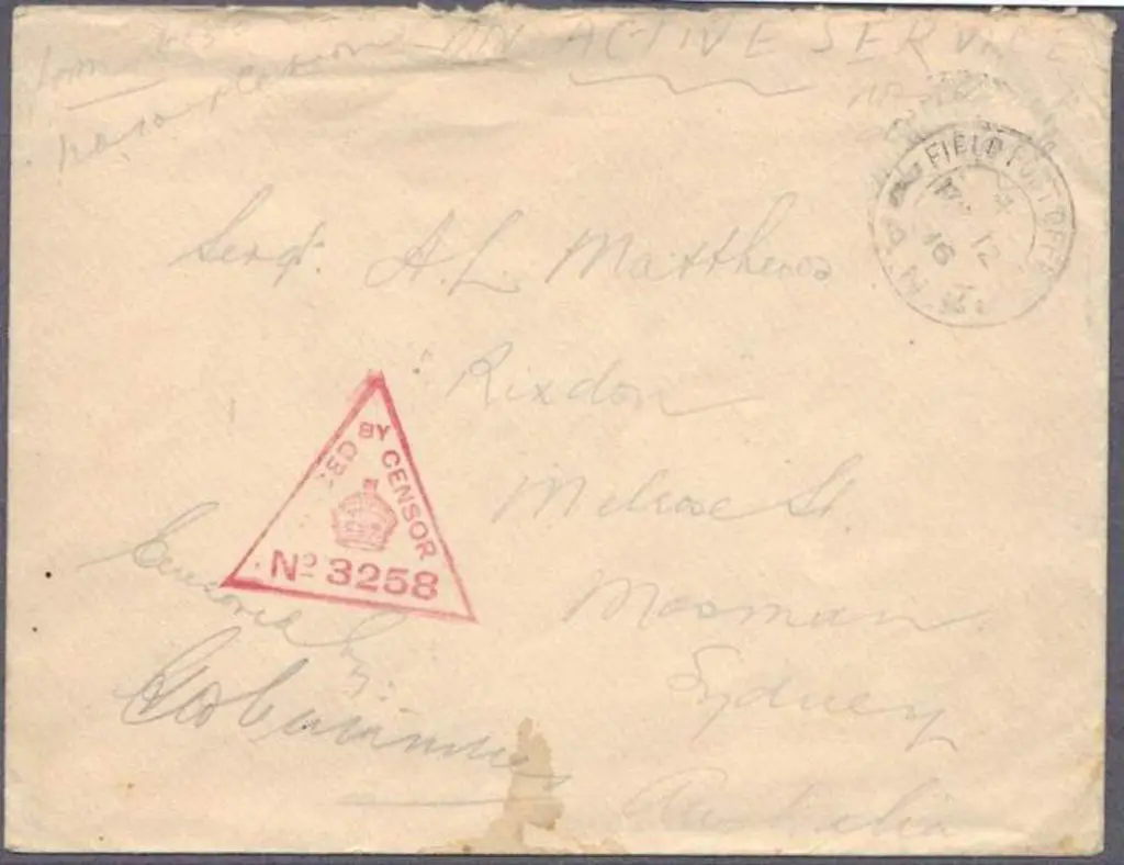 1916 British stampless cover to Sydney with "FIELD ... Image 1++
