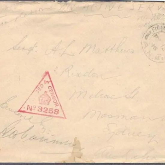 1916 British stampless cover to Sydney with "FIELD ...