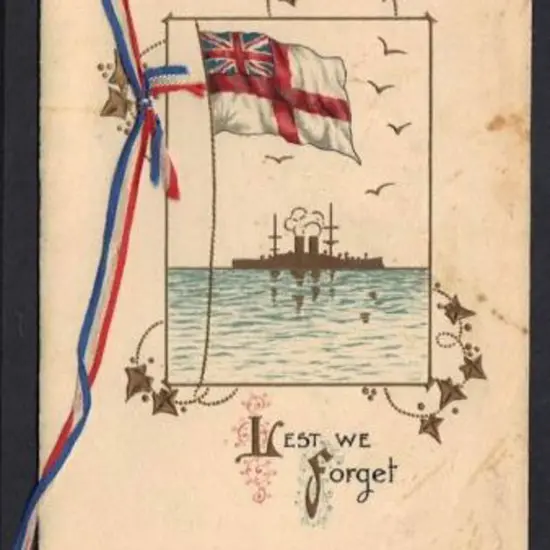 1916 Christmas Card with red, white & blue ribbon ...
