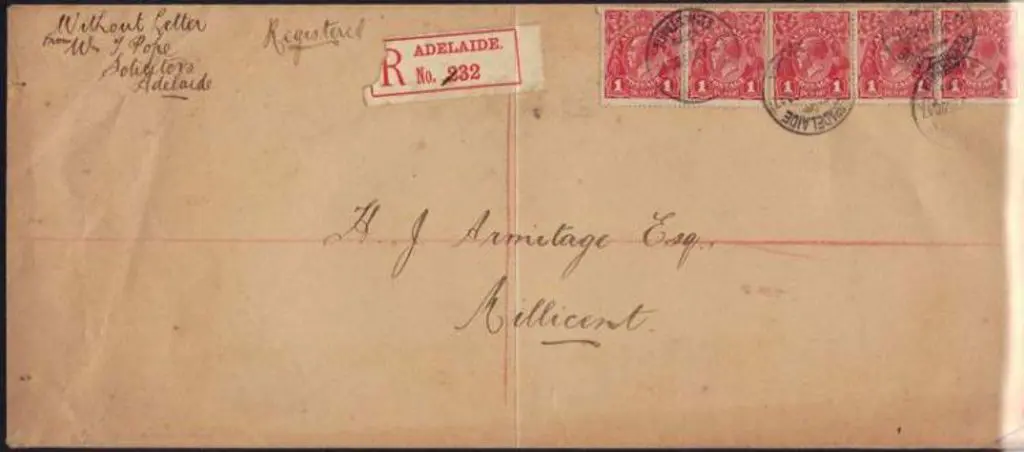 1917 registered long cover Adelaide to Millicent ... Image 1++