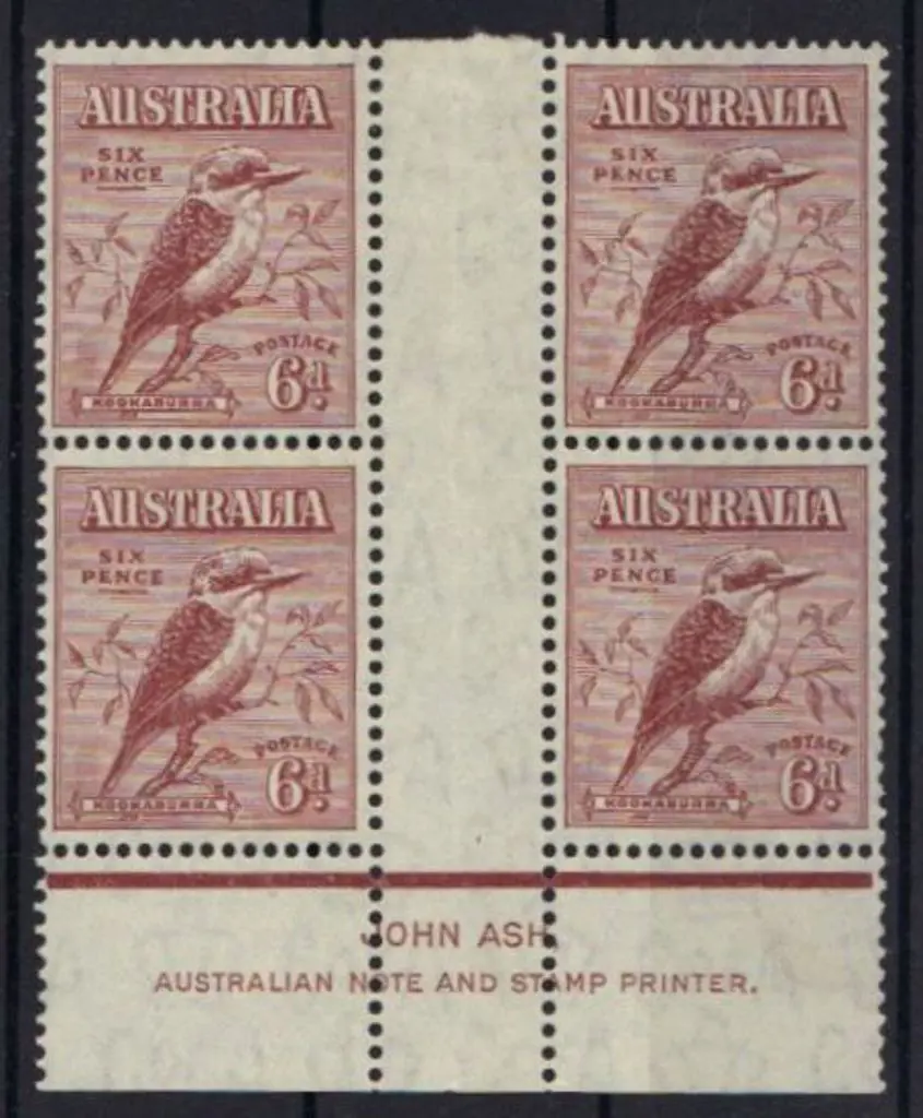 1932 6d kookaburra Ash imprint block. Hinged in ... Image 1++