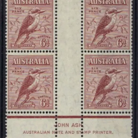 1932 6d kookaburra Ash imprint block. Hinged in ...