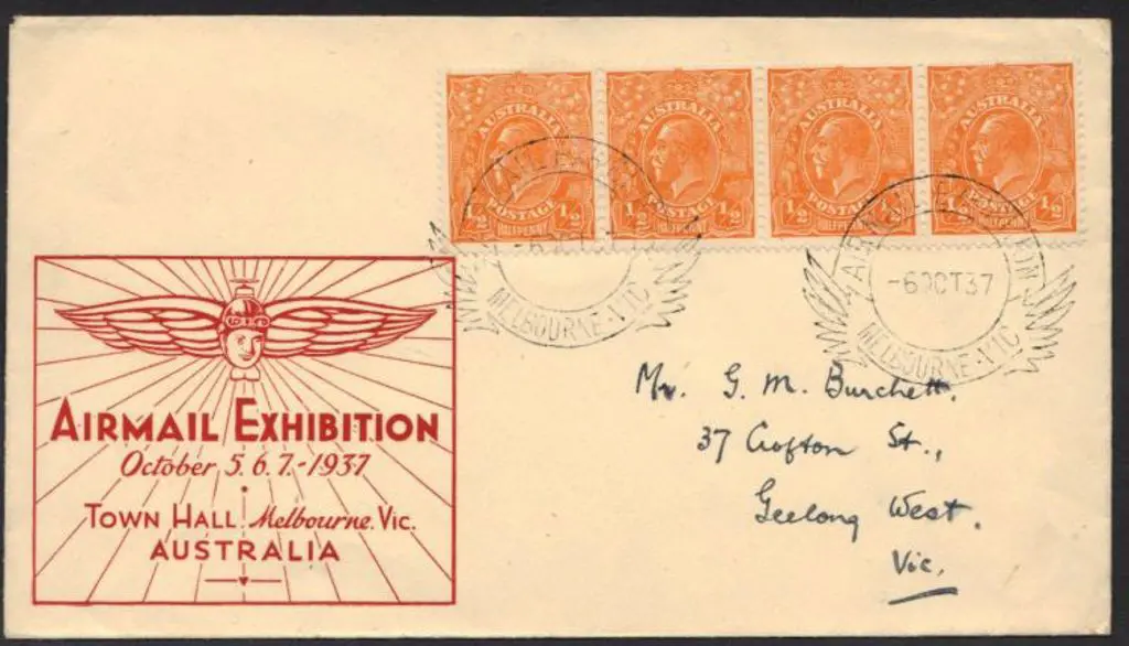 1937 Airmail Exhibition cover with ½d orange KGV ... Image 1++