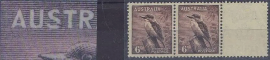 1937/60 6d Kookaburra. Flaw on "S" of "AUSTRALIA" ... Image 1++