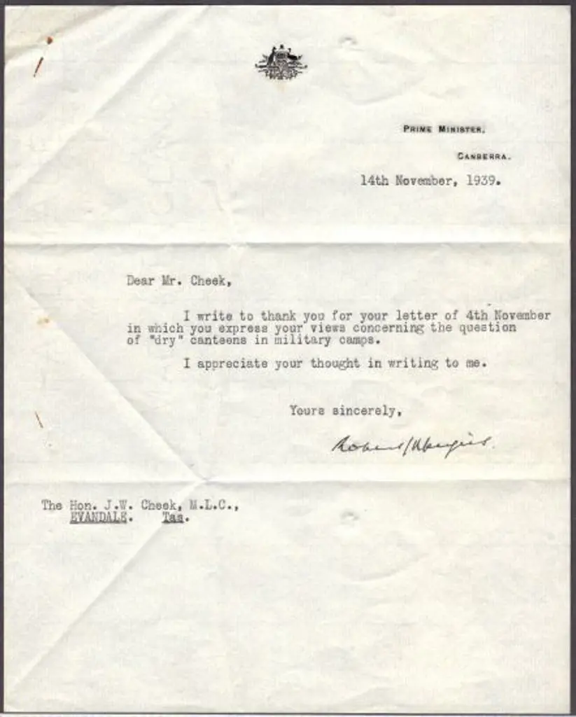 1939 (14th Nov) typed letter from PM's office ... Image 1++
