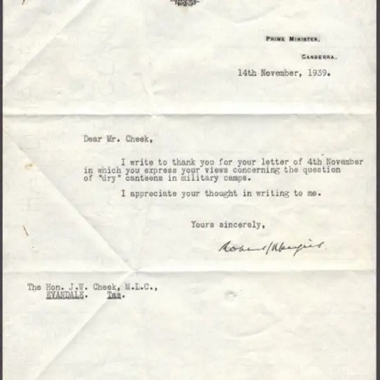 1939 (14th Nov) typed letter from PM's office ...