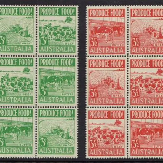 1953 Produce blocks of 9. MUH bar small tone spot ...