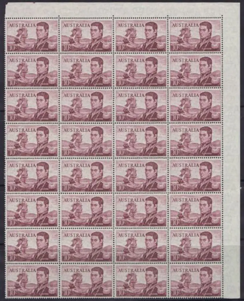 1965 10/- Flinders block of 32 on white paper. ... Image 1++