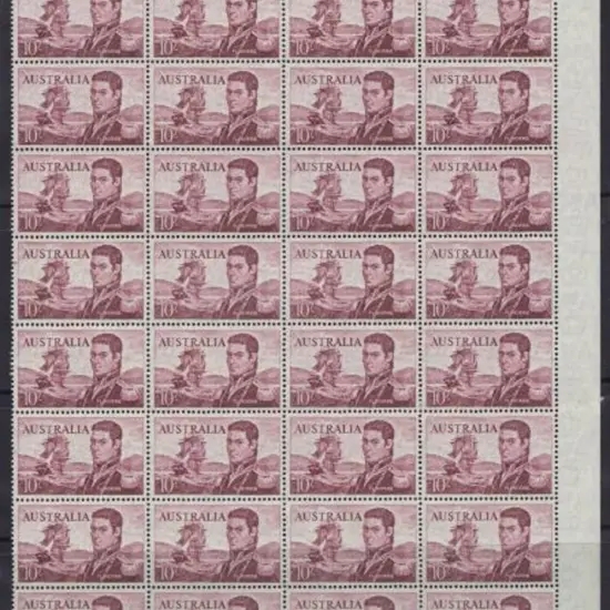 1965 10/- Flinders block of 32 on white paper. ...