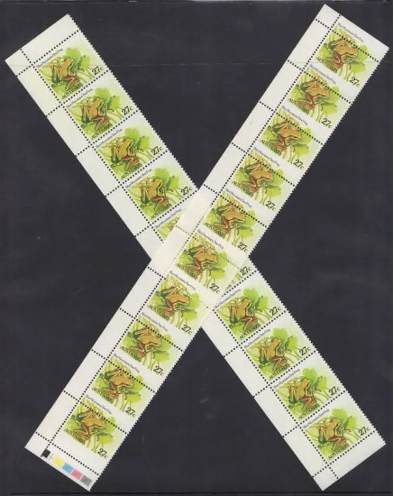 1982 27c Tree Frog strip of 10 with 8mm misplaced ... Image 1++