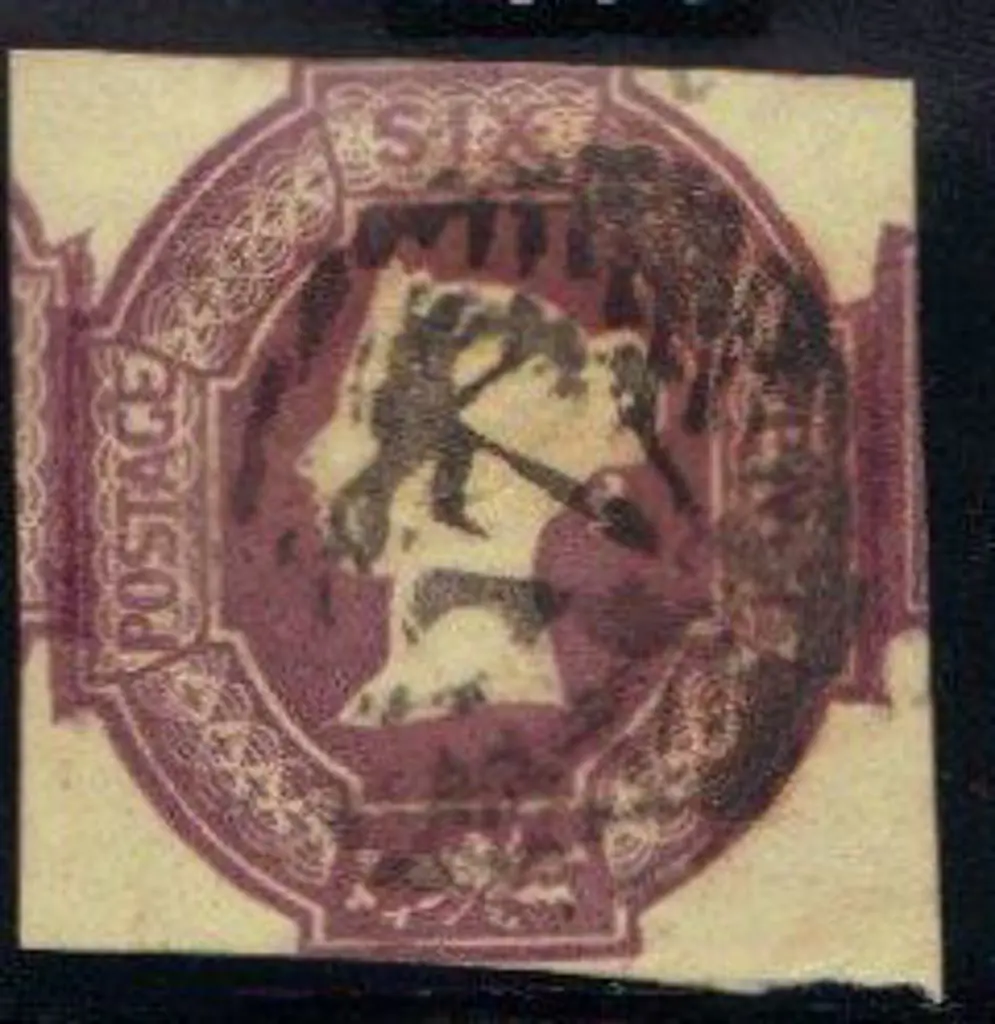 1854 6d mauve embossed touching top & bottom with ... Image 1++
