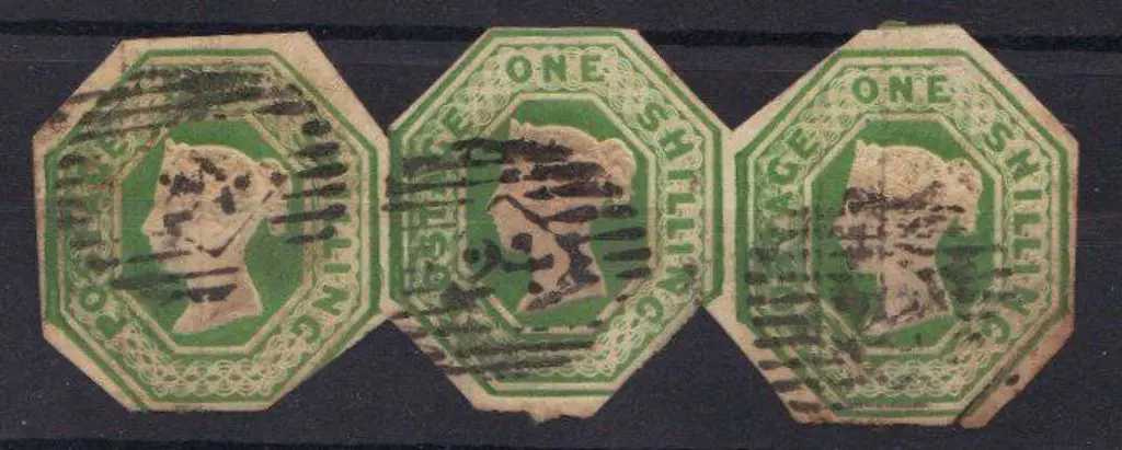 1847 1/- green embossed used strip of 3 ... Image 1++