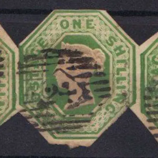 1847 1/- green embossed used strip of 3 ...